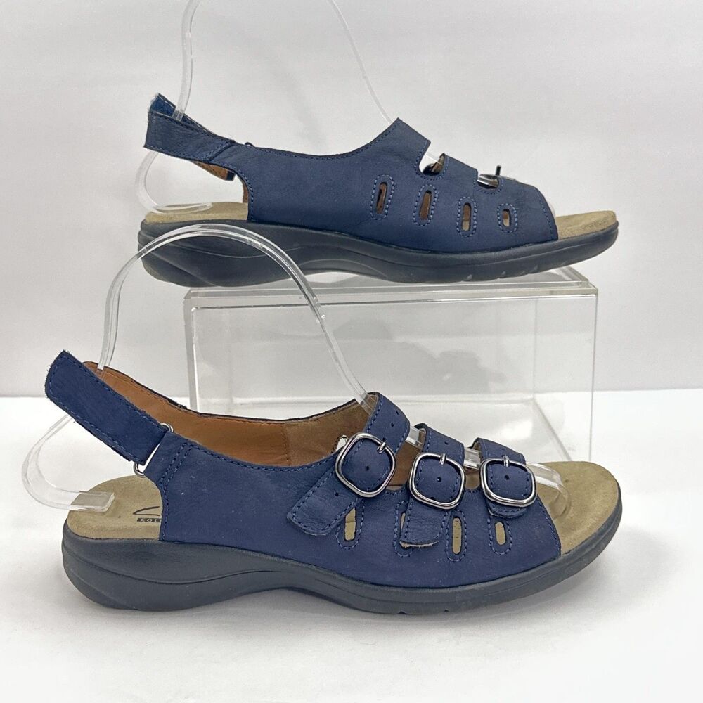 Clarks Sandals Womens 6.5 Navy Blue Nubuck Triple Buckle Sligback Wedge Saylie - Picture 2 of 10